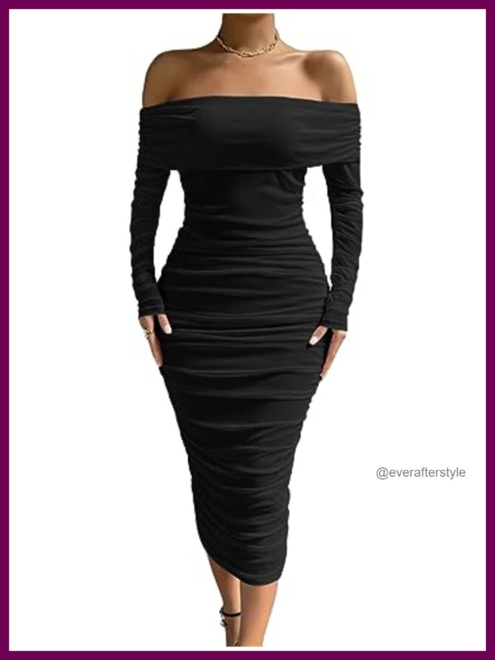 Off Shoulder Long Sleeve Bodycon Ruched Midi Dress Mesh Double Layered